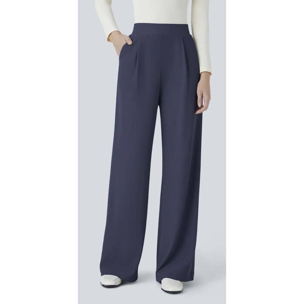 Halara Flex High Waisted Wide Leg Pants Micro Waffle Blue Womens LP Large Petite - Picture 12 of 14
